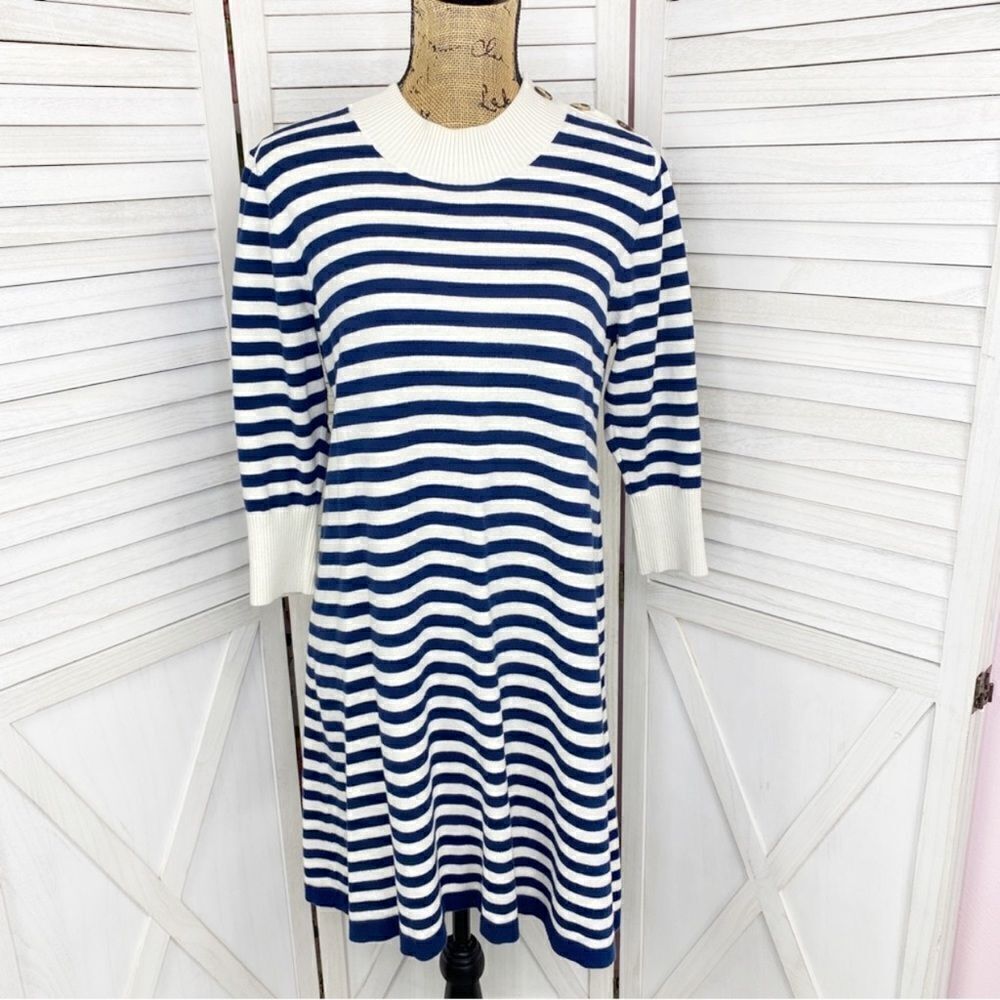 Haley and the Hound Striped Sweater Dress Crew Neck Knit Shift Blue White Medium